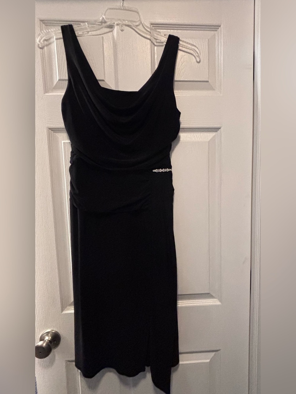 Black Sleeveless Draped Evening Dress with Rhinestone Accent - Size 8